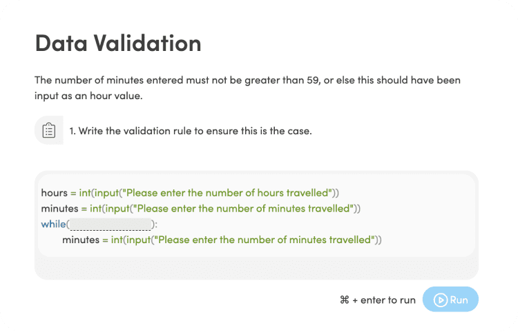 A code editor with some code missing where the users needs to fill in the gap with the correct code.